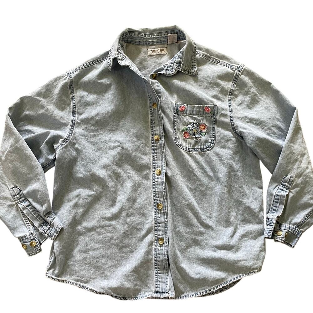 VTG 90s Womens Cherokee Denim Button up Embroidered Flowers size L
